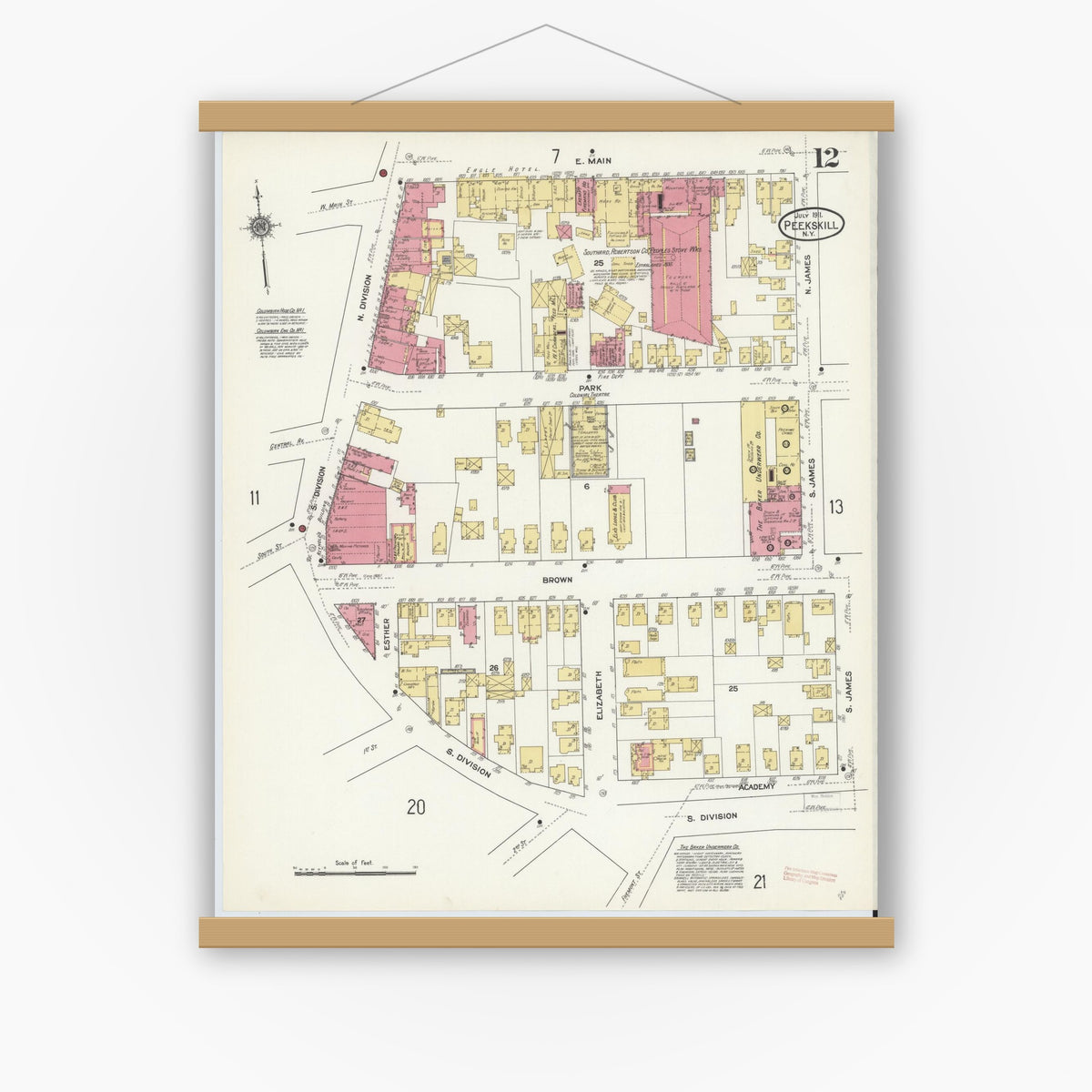 Old map wall art mockup — magnetic wood frame on white wall — Sanborn Fire Insurance Map from Peekskill, Westchester County, New York (1911), Sheet #0012
