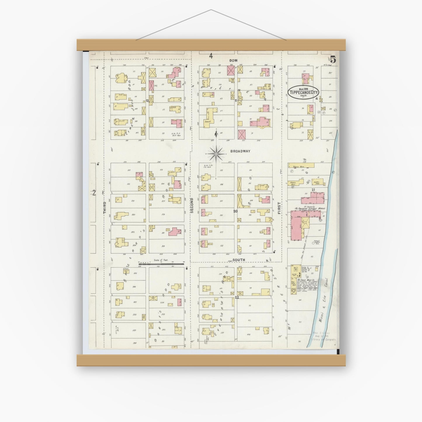 Old map wall art mockup — magnetic wood frame on white wall — Sanborn Fire Insurance Map from Tipp City, Miami County, Ohio (1898), Sheet #0005