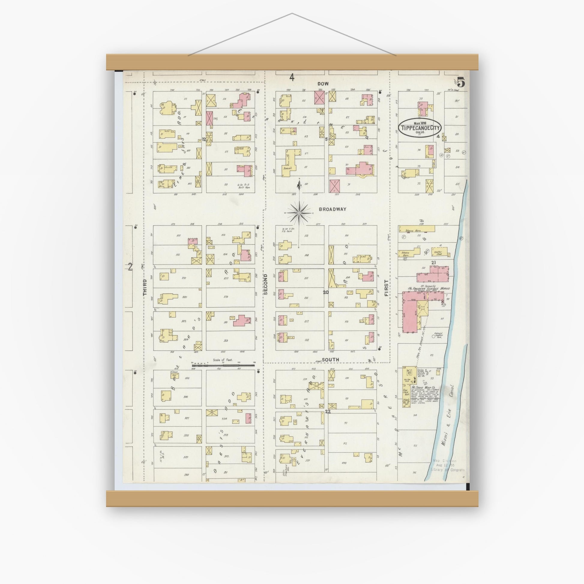Old map wall art mockup — magnetic wood frame on white wall — Sanborn Fire Insurance Map from Tipp City, Miami County, Ohio (1898), Sheet #0005