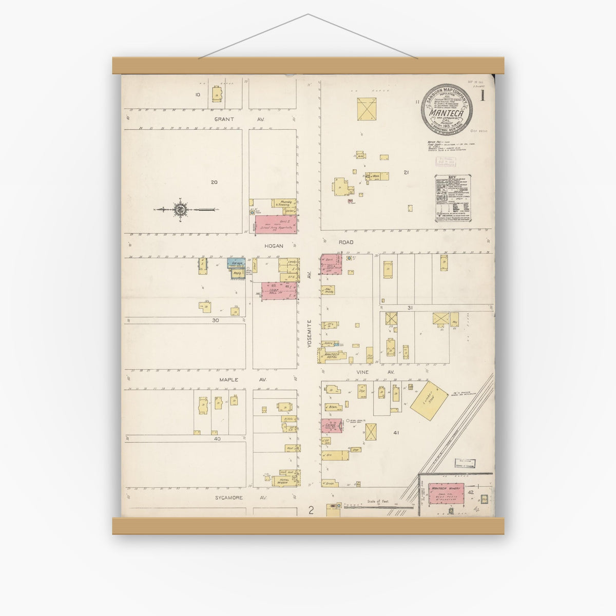Old map wall art mockup — magnetic wood frame on white wall — Sanborn Fire Insurance Map from Manteca, San Joaquin County, California (1913) - Complete Map Set