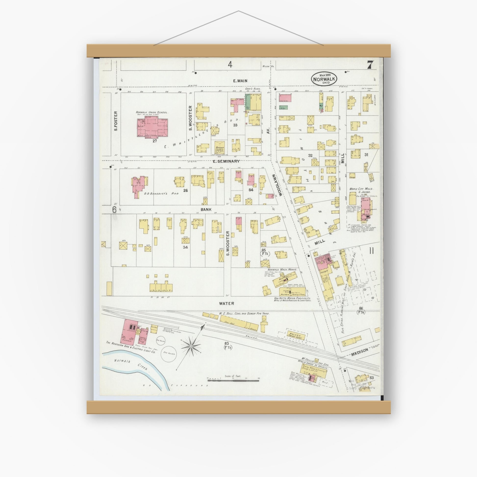 Old map wall art mockup — magnetic wood frame on white wall — Sanborn Fire Insurance Map from Norwalk, Huron County, Ohio (1899), Sheet #0007