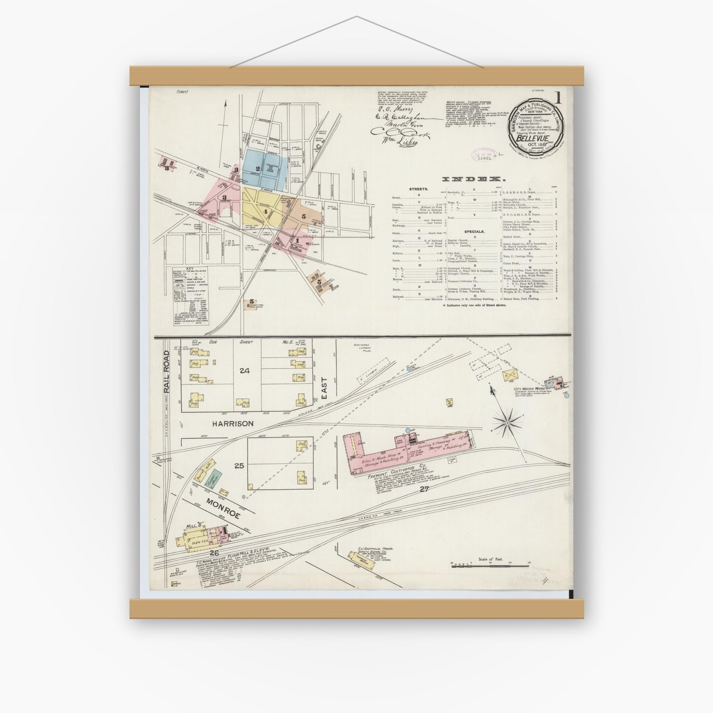 Old map wall art mockup — magnetic wood frame on white wall — Sanborn Fire Insurance Map from Bellevue, Huron And Sandusky County, Ohio (1887) - Complete Map Set