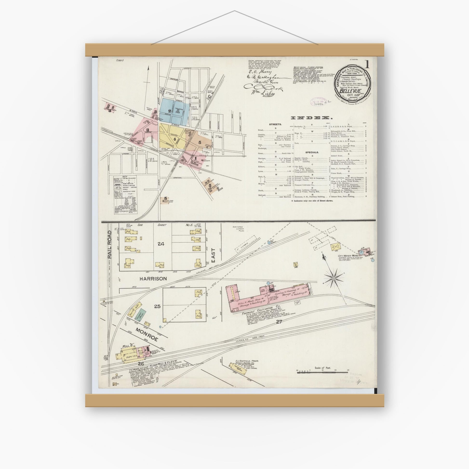Old map wall art mockup — magnetic wood frame on white wall — Sanborn Fire Insurance Map from Bellevue, Huron And Sandusky County, Ohio (1887) - Complete Map Set