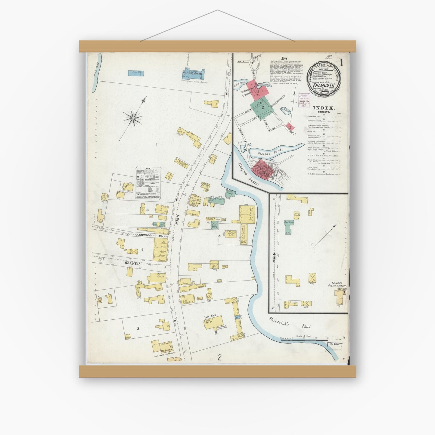 Old map wall art mockup — magnetic wood frame on white wall — Sanborn Fire Insurance Map from Falmouth, Barnstable County, Massachusetts (1901), Sheet #0001