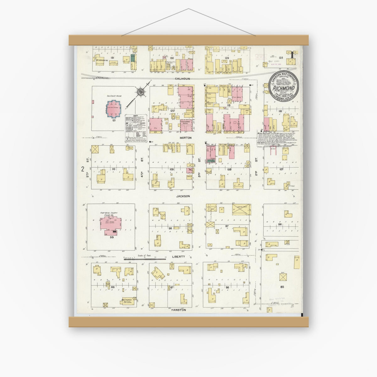 Old map wall art mockup — magnetic wood frame on white wall — Sanborn Fire Insurance Map from Richmond, Fort Bend County, Texas (1909) - Complete Map Set
