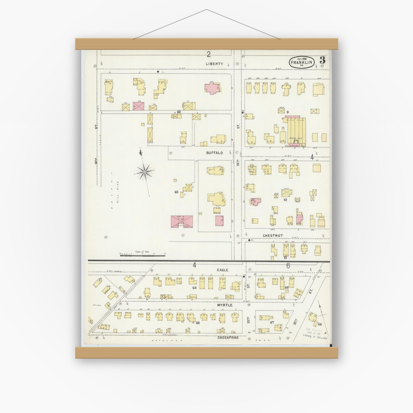 Old map wall art mockup — magnetic wood frame on white wall — Sanborn Fire Insurance Map from Franklin, Venango County, Pennsylvania (1896), Sheet #0003