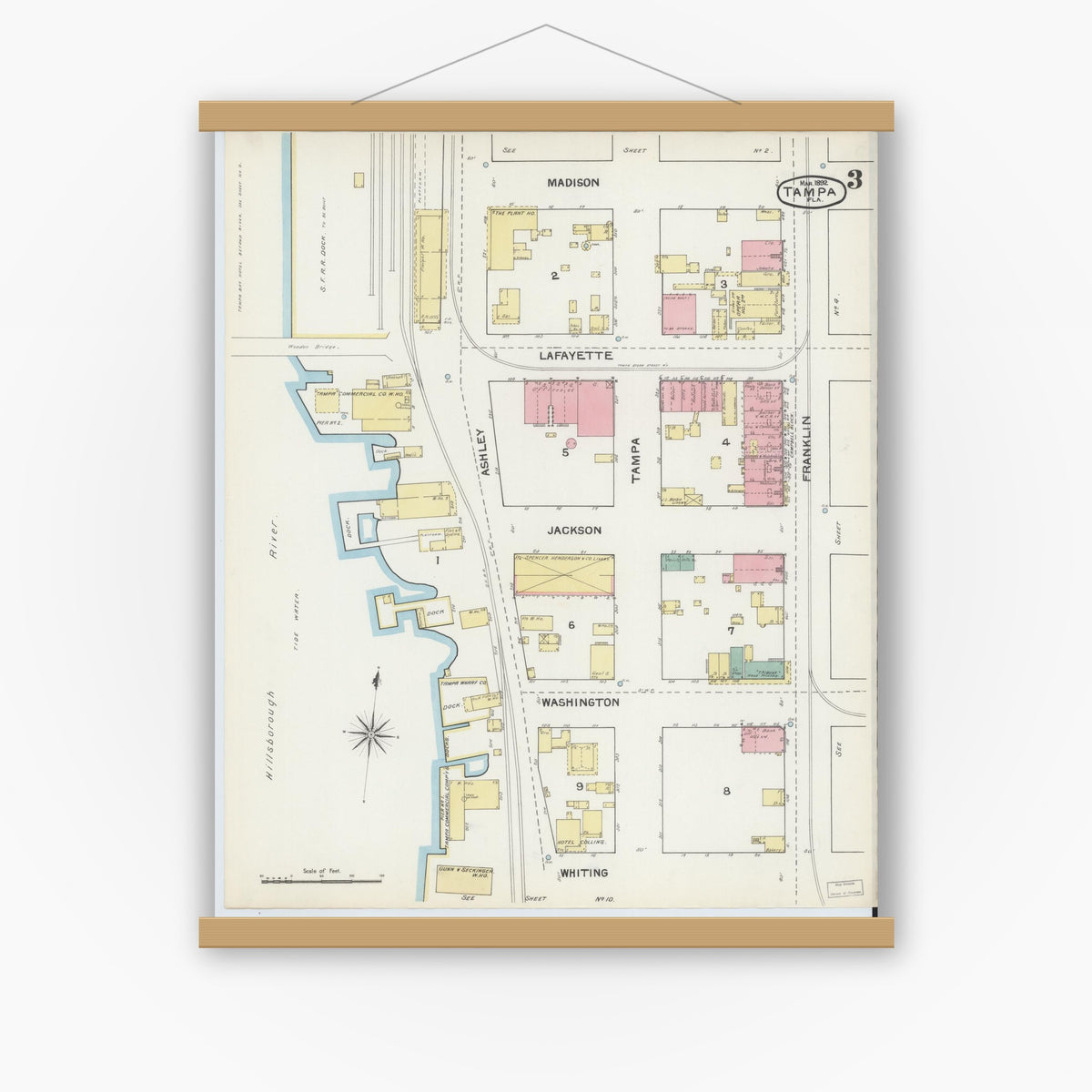 Old map wall art mockup — magnetic wood frame on white wall — Sanborn Fire Insurance Map from Tampa, Hillsborough County, Florida (1892), Sheet #0003