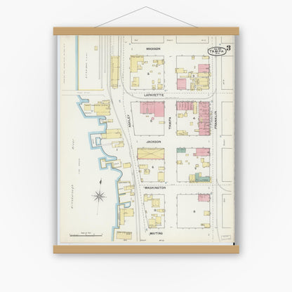 Old map wall art mockup — magnetic wood frame on white wall — Sanborn Fire Insurance Map from Tampa, Hillsborough County, Florida (1892), Sheet #0003