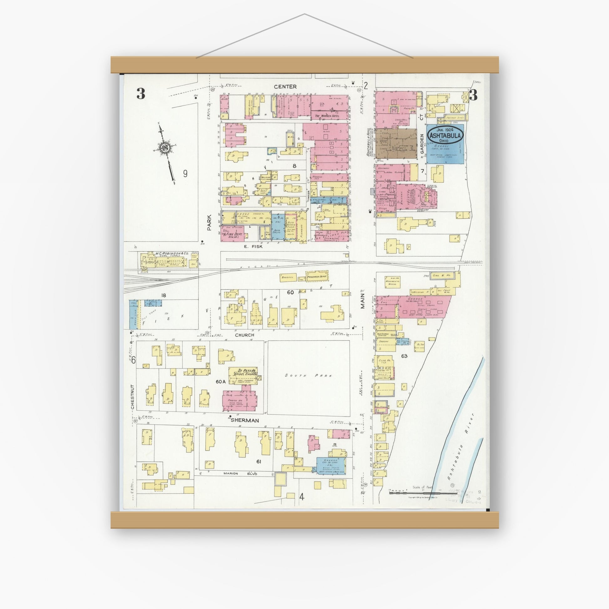 Old map wall art mockup — magnetic wood frame on white wall — Sanborn Fire Insurance Map from Ashtabula, Ashtabula County, Ohio (1924), Sheet #0003