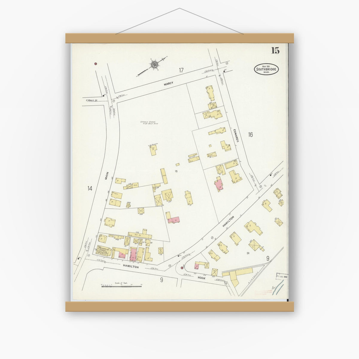 Old map wall art mockup — magnetic wood frame on white wall — Sanborn Fire Insurance Map from Southbridge, Worcester County, Massachusetts (1911), Sheet #0015