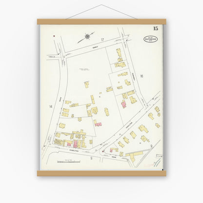 Old map wall art mockup — magnetic wood frame on white wall — Sanborn Fire Insurance Map from Southbridge, Worcester County, Massachusetts (1911), Sheet #0015