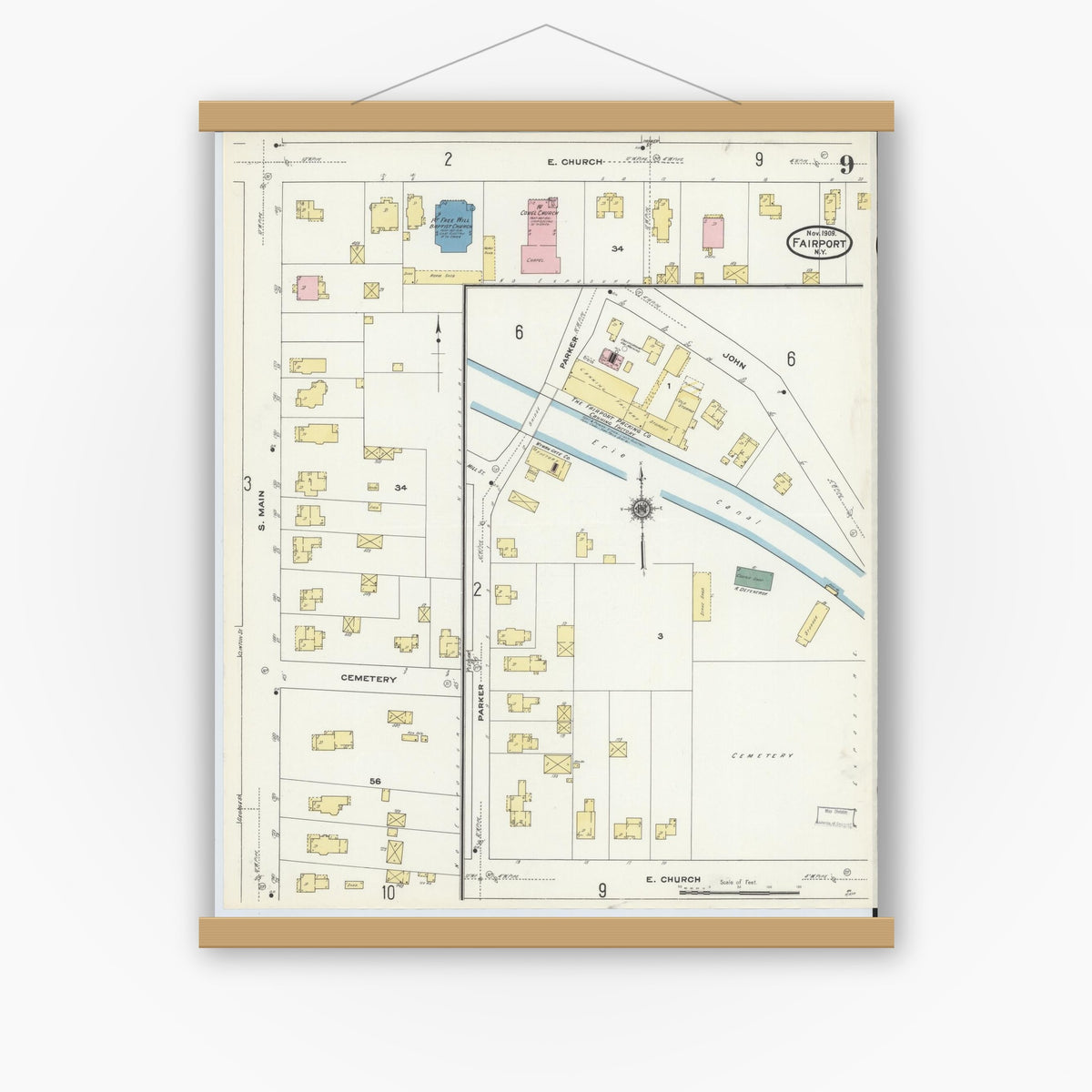 Old map wall art mockup — magnetic wood frame on white wall — Sanborn Fire Insurance Map from Fairport, Monroe County, New York (1909), Sheet #0009