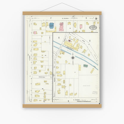 Old map wall art mockup — magnetic wood frame on white wall — Sanborn Fire Insurance Map from Fairport, Monroe County, New York (1909), Sheet #0009