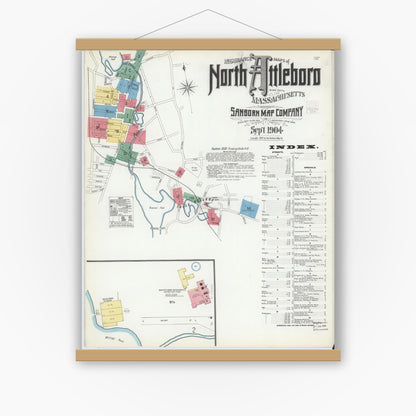 Old map wall art mockup — magnetic wood frame on white wall — Sanborn Fire Insurance Map from North Attleborough, Bristol County, Massachusetts (1904) - Complete Map Set
