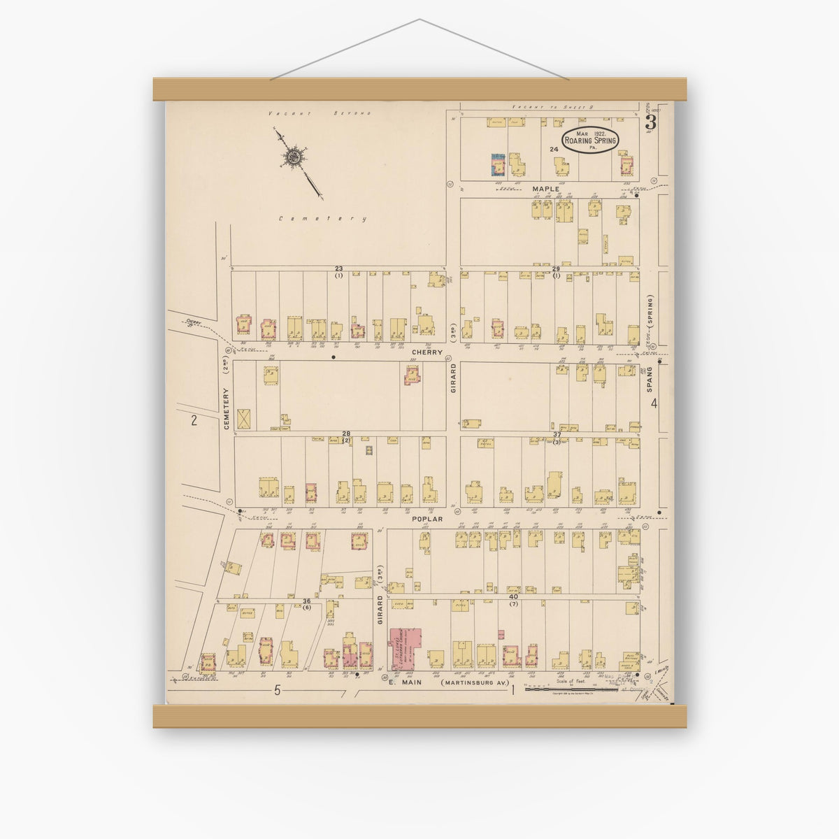 Old map wall art mockup — magnetic wood frame on white wall — Sanborn Fire Insurance Map from Roaring Spring, Blair County, Pennsylvania (1922), Sheet #0003
