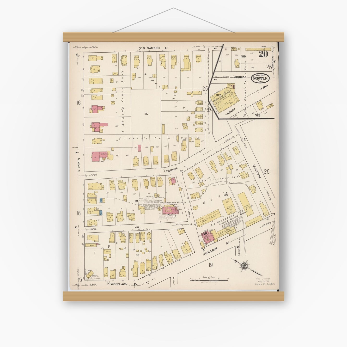 Old map wall art mockup — magnetic wood frame on white wall — Sanborn Fire Insurance Map from Norwalk, Huron County, Ohio (1922), Sheet #0020