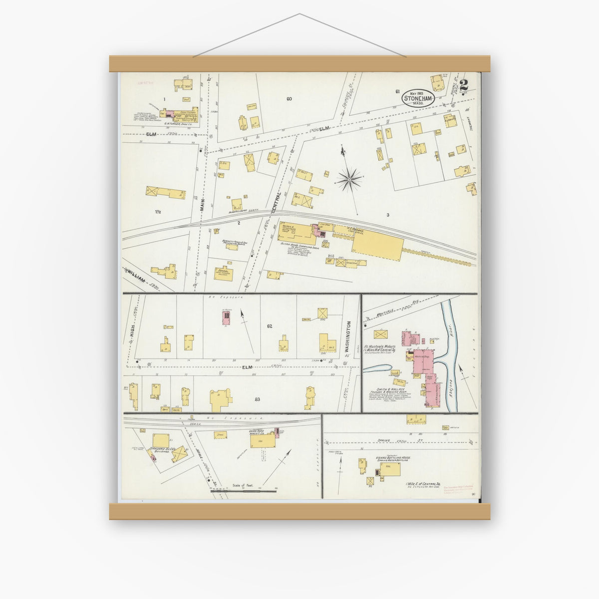 Old map wall art mockup — magnetic wood frame on white wall — Sanborn Fire Insurance Map from Stoneham, Middlesex County, Massachusetts (1903), Sheet #0002