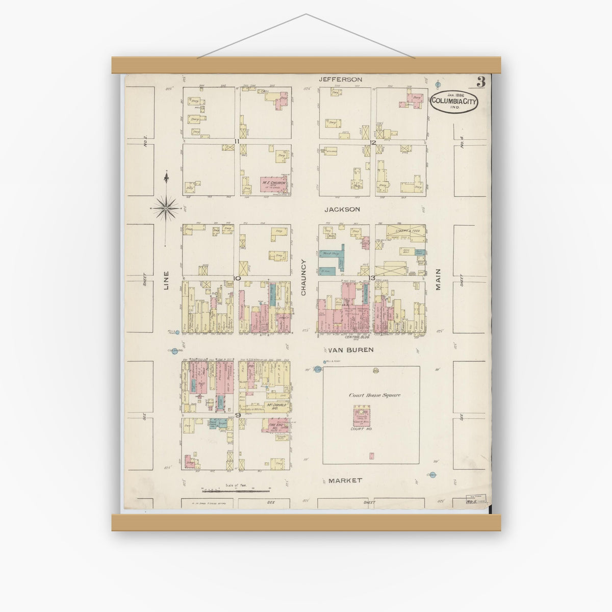Old map wall art mockup — magnetic wood frame on white wall — Sanborn Fire Insurance Map from Columbia City, Whitley County, Indiana (1886), Sheet #0003