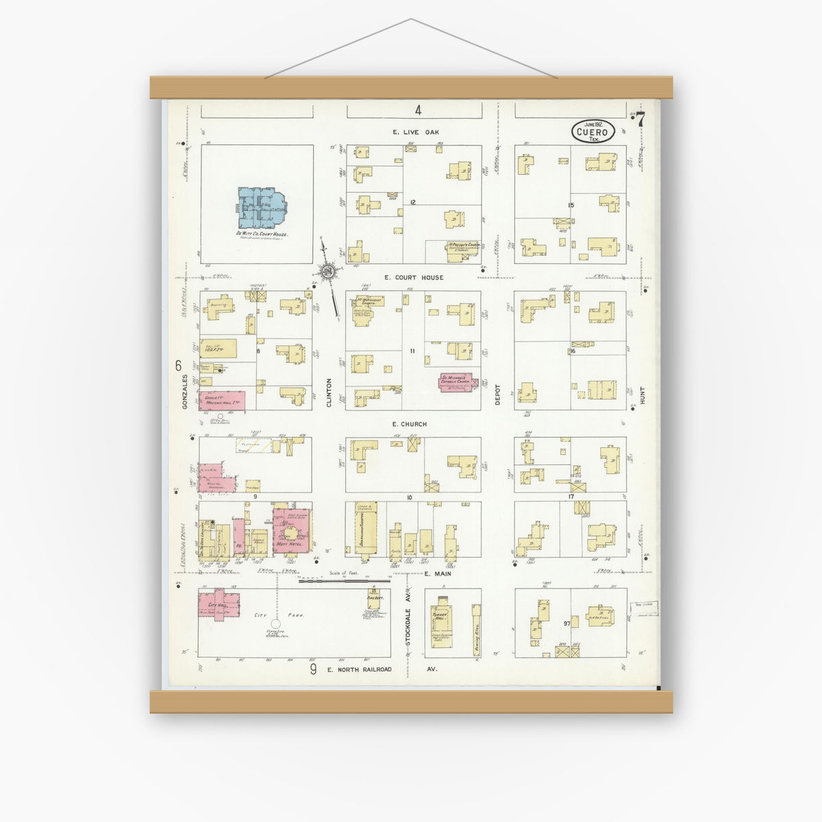 Old map wall art mockup — magnetic wood frame on white wall — Sanborn Fire Insurance Map from Cuero, De Witt County, Texas (1912), Sheet #0007