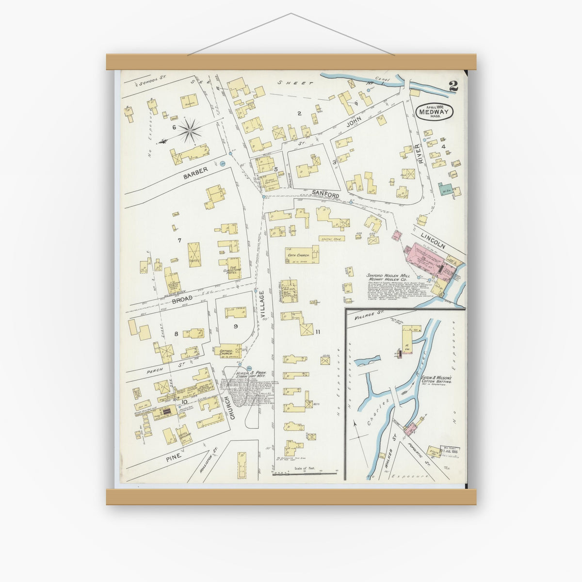 Old map wall art mockup — magnetic wood frame on white wall — Sanborn Fire Insurance Map from Medway, Norfolk County, Massachusetts (1892), Sheet #0002