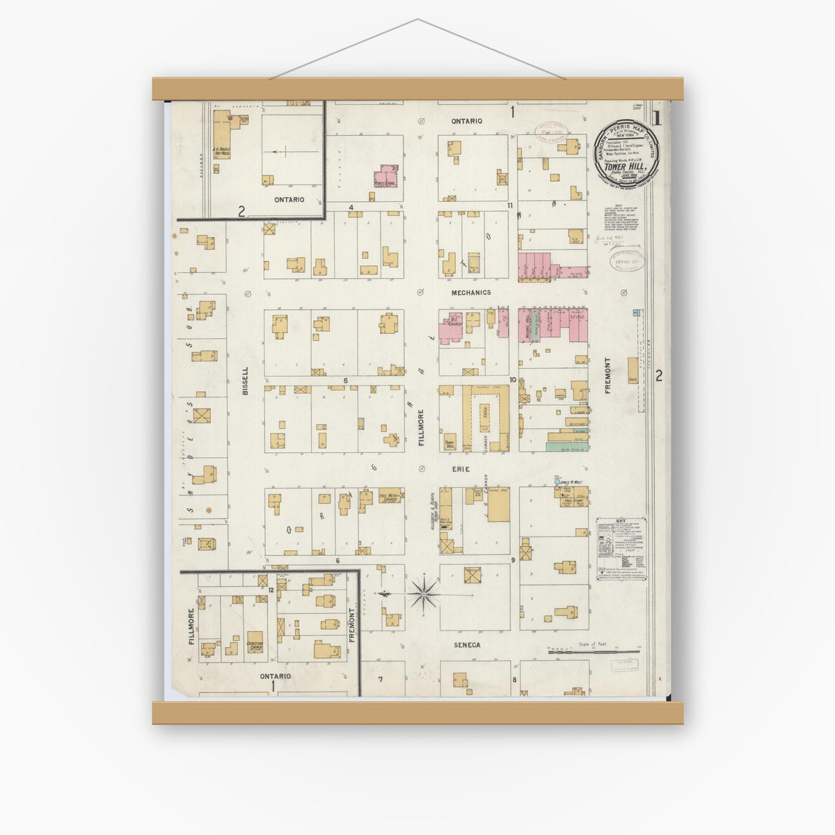 Old map wall art mockup — magnetic wood frame on white wall — Sanborn Fire Insurance Map from Tower Hill, Shelby County, Illinois (1899) - Complete Map Set