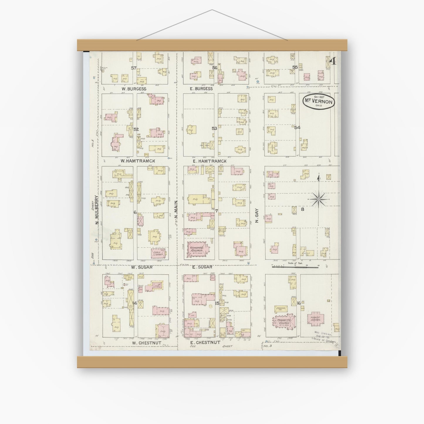 Old map wall art mockup — magnetic wood frame on white wall — Sanborn Fire Insurance Map from Mount Vernon, Knox County, Ohio (1887), Sheet #0004