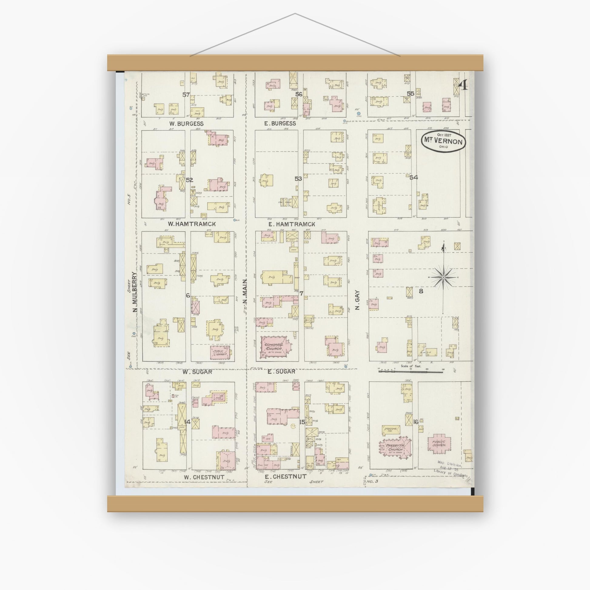 Old map wall art mockup — magnetic wood frame on white wall — Sanborn Fire Insurance Map from Mount Vernon, Knox County, Ohio (1887), Sheet #0004