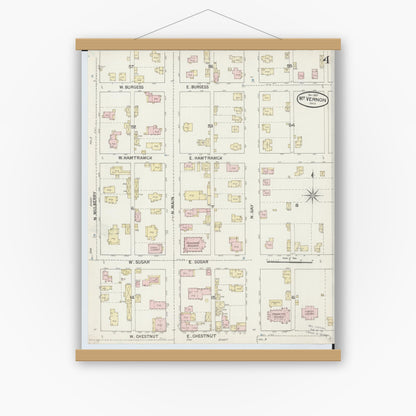 Old map wall art mockup — magnetic wood frame on white wall — Sanborn Fire Insurance Map from Mount Vernon, Knox County, Ohio (1887), Sheet #0004