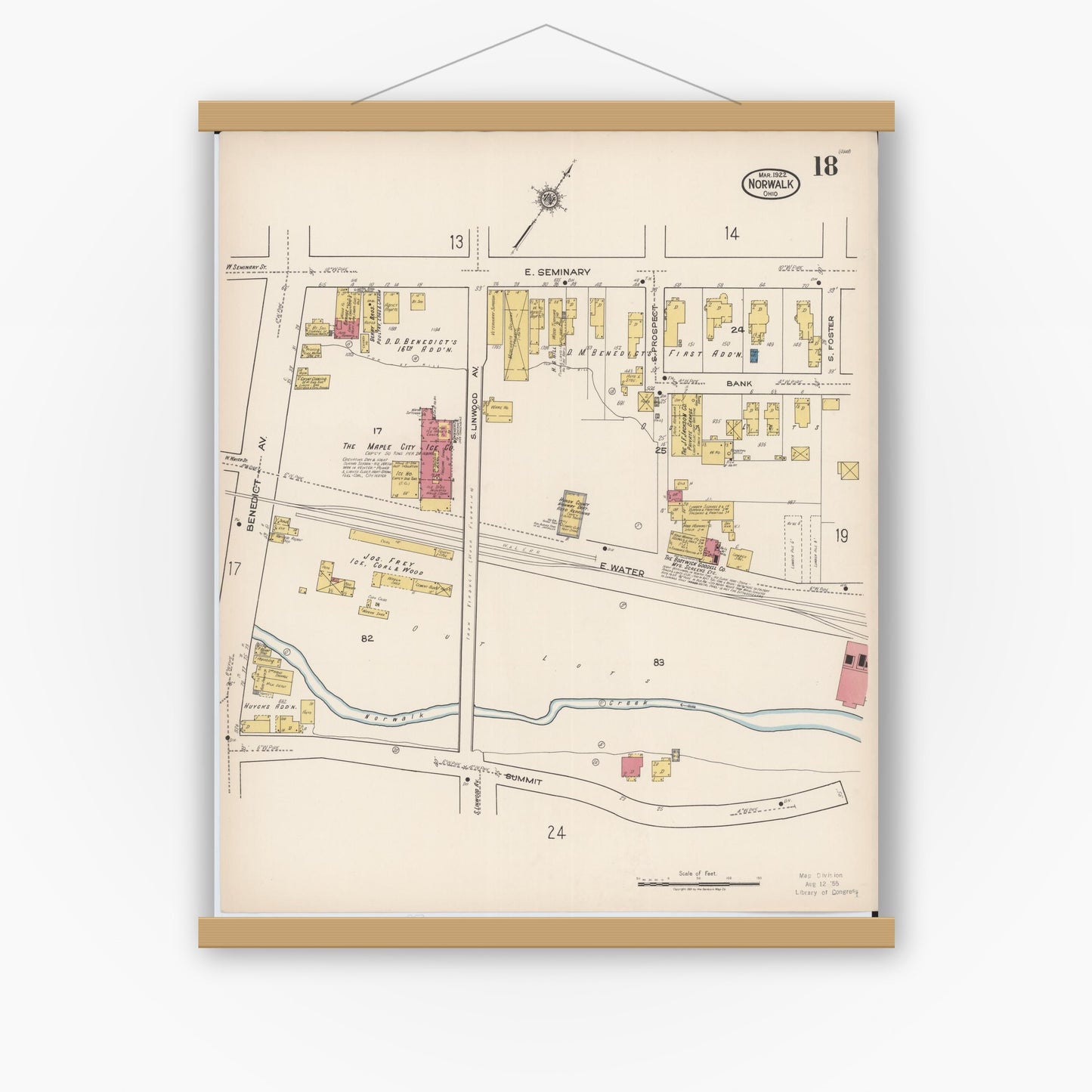 Old map wall art mockup — magnetic wood frame on white wall — Sanborn Fire Insurance Map from Norwalk, Huron County, Ohio (1922), Sheet #0018