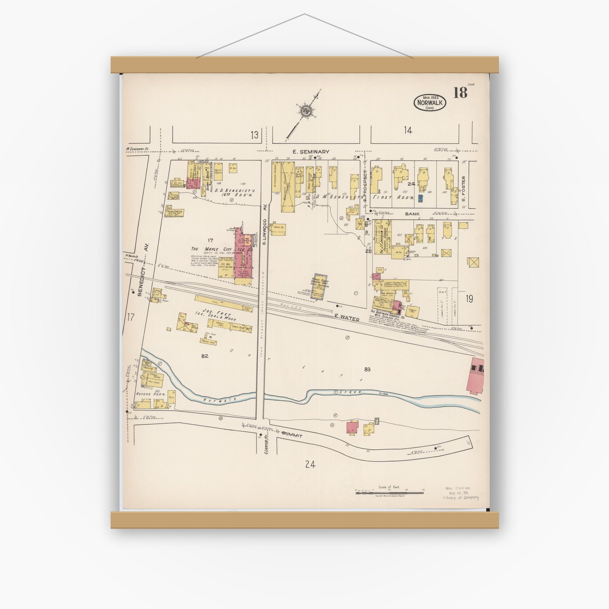 Old map wall art mockup — magnetic wood frame on white wall — Sanborn Fire Insurance Map from Norwalk, Huron County, Ohio (1922), Sheet #0018