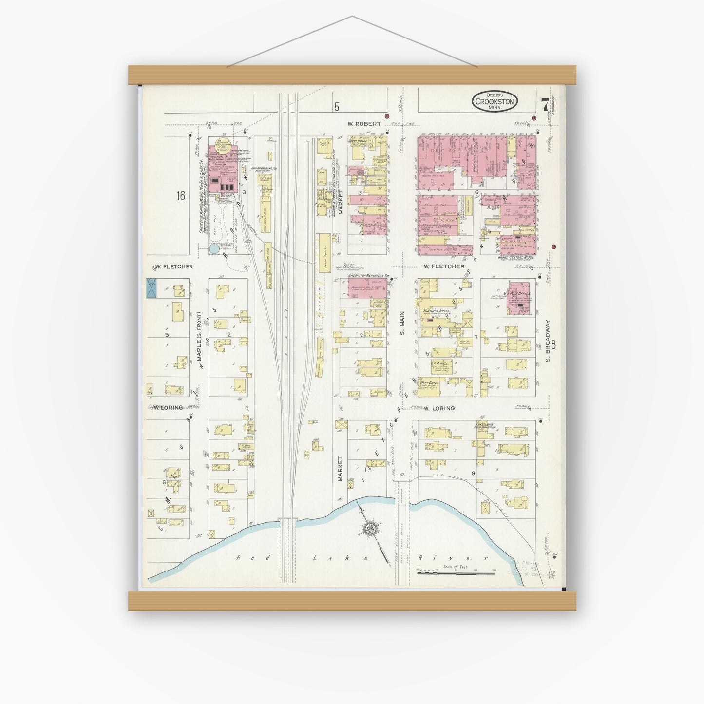 Old map wall art mockup — magnetic wood frame on white wall — Sanborn Fire Insurance Map from Crookston, Polk County, Minnesota (1913), Sheet #0007
