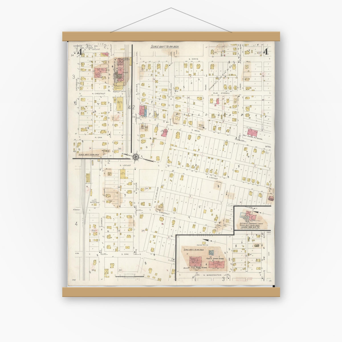 Old map wall art mockup — magnetic wood frame on white wall — Sanborn Fire Insurance Map from Monroe City, Monroe County, Missouri (1943), Sheet #0004