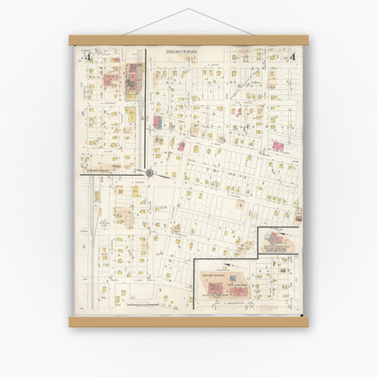 Old map wall art mockup — magnetic wood frame on white wall — Sanborn Fire Insurance Map from Monroe City, Monroe County, Missouri (1943), Sheet #0004