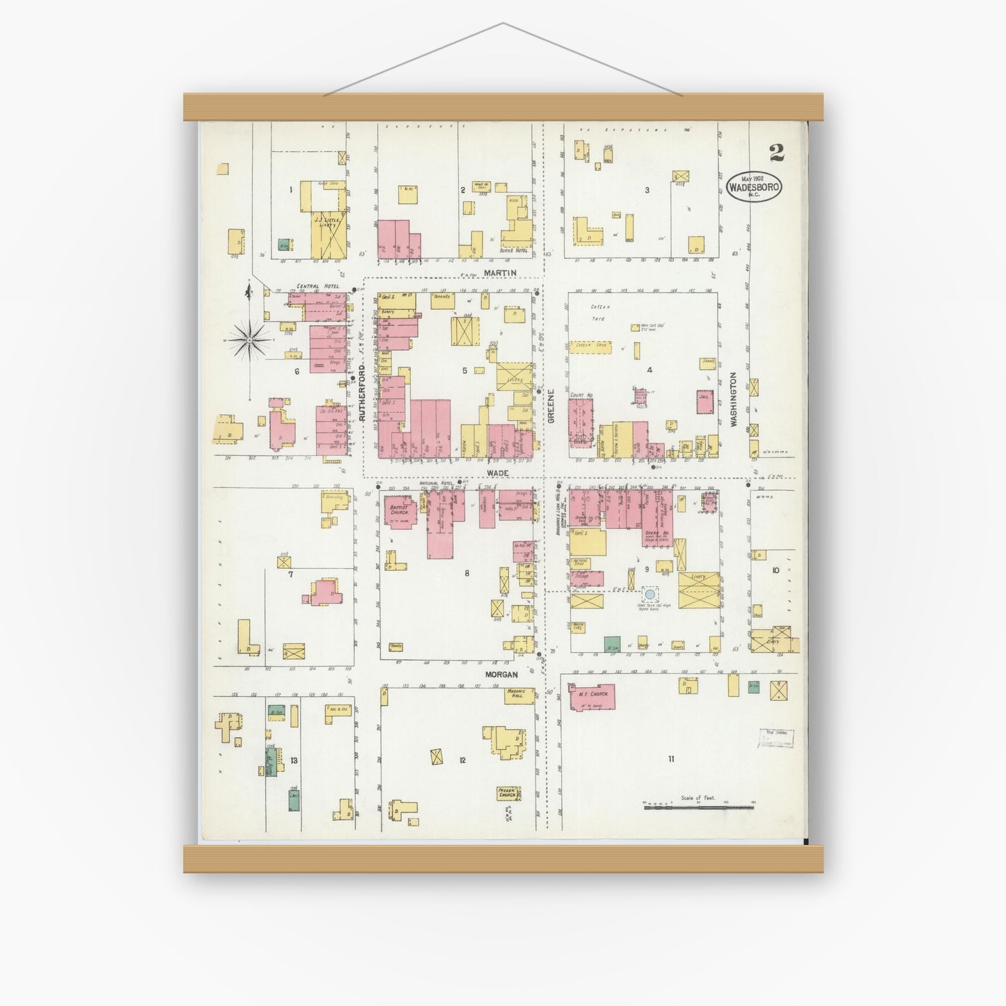 Old map wall art mockup — magnetic wood frame on white wall — Sanborn Fire Insurance Map from Wadesboro, Anson County, North Carolina (1902), Sheet #0002