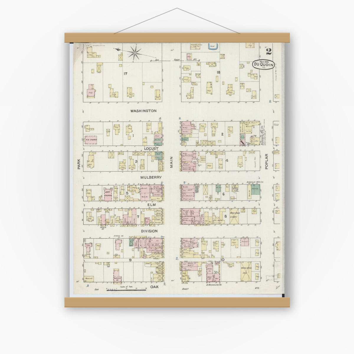 Old map wall art mockup — magnetic wood frame on white wall — Sanborn Fire Insurance Map from Du Quoin, Perry County, Illinois (1888), Sheet #0002