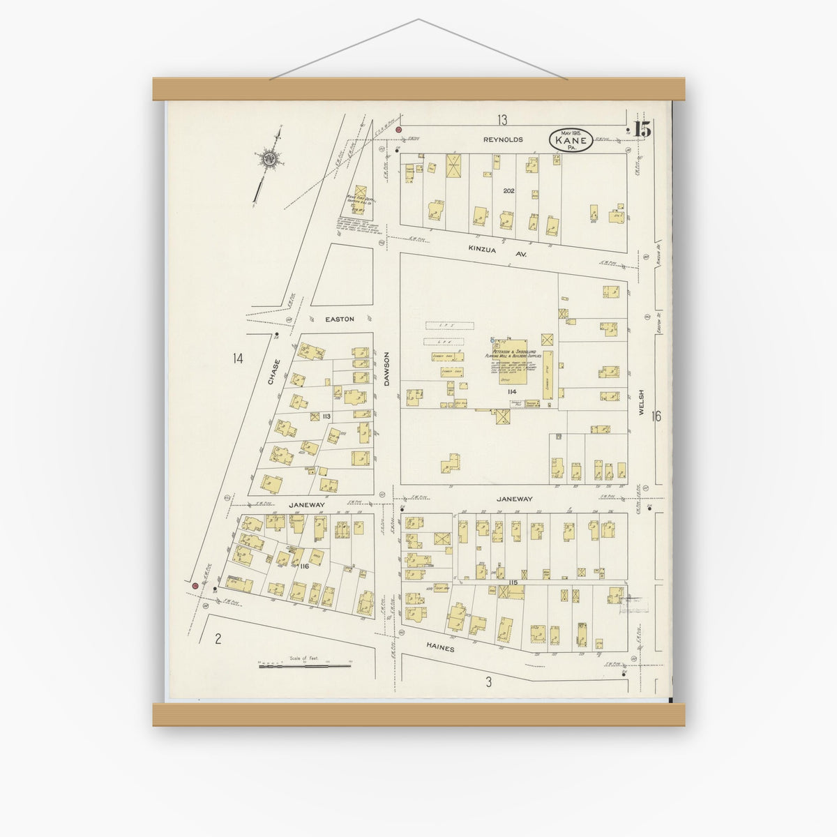 Old map wall art mockup — magnetic wood frame on white wall — Sanborn Fire Insurance Map from Kane, McKean County, Pennsylvania (1915), Sheet #0015