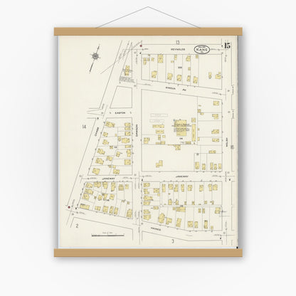 Old map wall art mockup — magnetic wood frame on white wall — Sanborn Fire Insurance Map from Kane, McKean County, Pennsylvania (1915), Sheet #0015