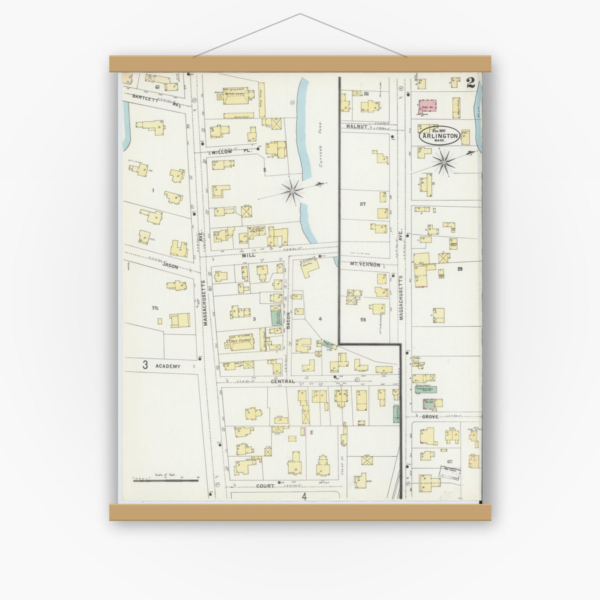 Old map wall art mockup — magnetic wood frame on white wall — Sanborn Fire Insurance Map from Arlington, Middlesex County, Massachusetts (1897), Sheet #0002