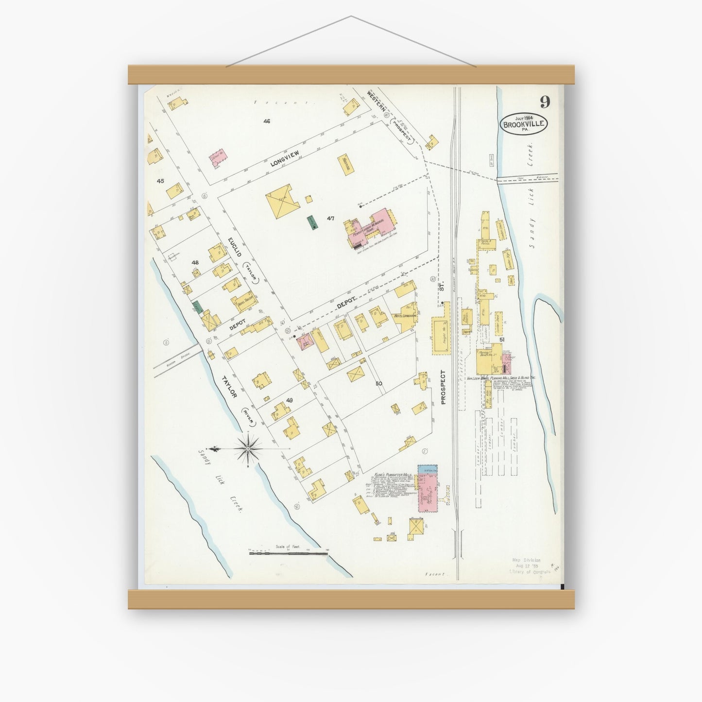 Old map wall art mockup — magnetic wood frame on white wall — Sanborn Fire Insurance Map from Brookville, Jefferson County, Pennsylvania (1904), Sheet #0009