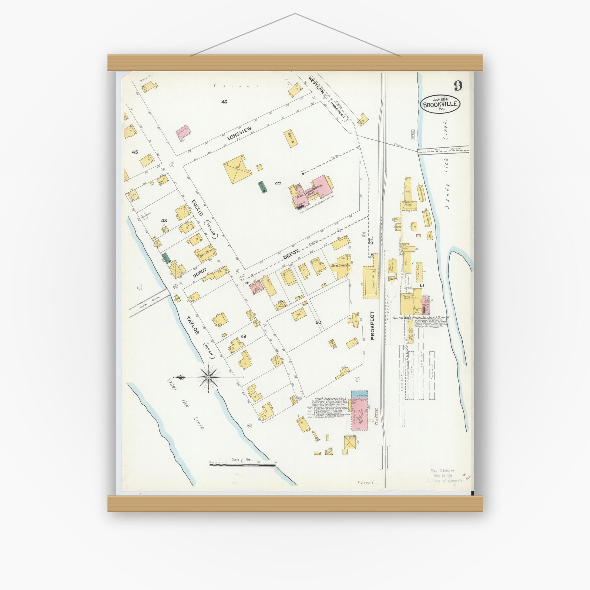 Old map wall art mockup — magnetic wood frame on white wall — Sanborn Fire Insurance Map from Brookville, Jefferson County, Pennsylvania (1904), Sheet #0009