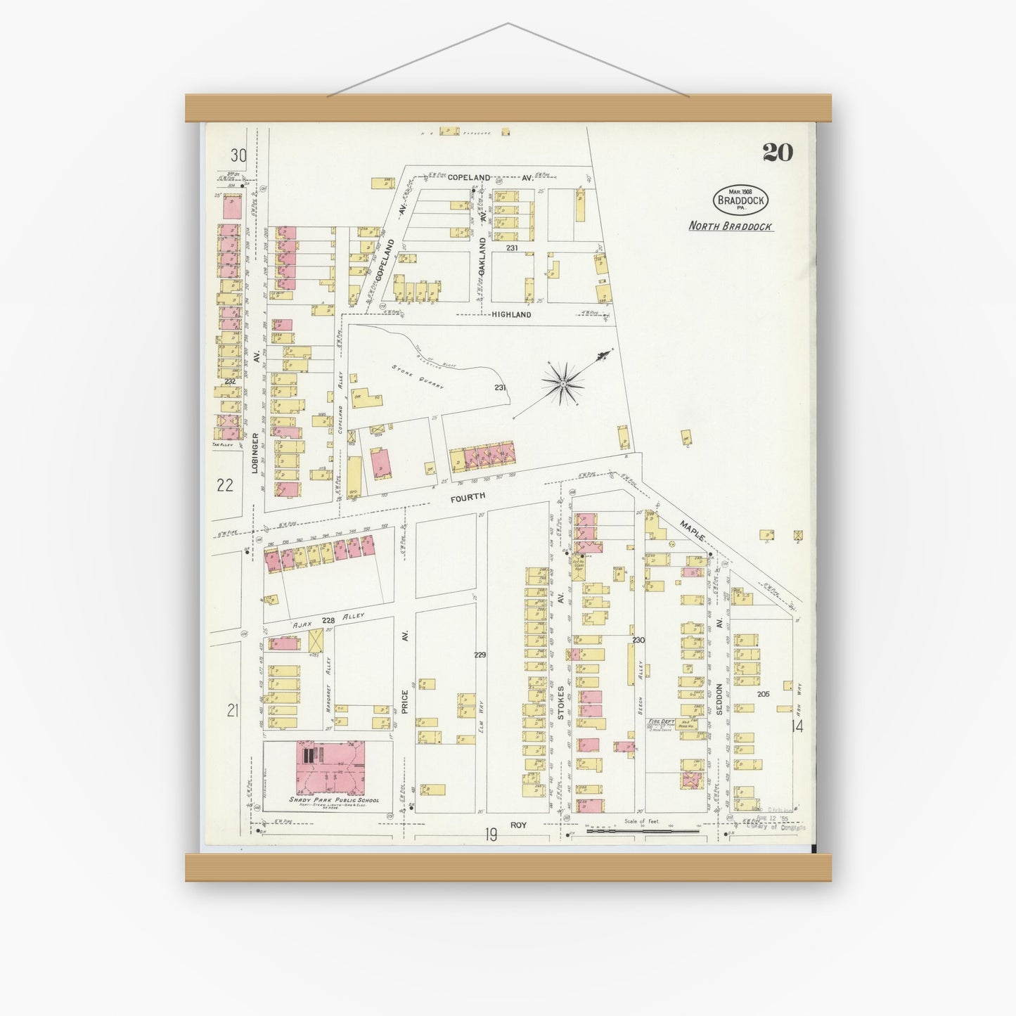 Old map wall art mockup — magnetic wood frame on white wall — Sanborn Fire Insurance Map from Braddock, Allegheny County, Pennsylvania (1908), Sheet #0020