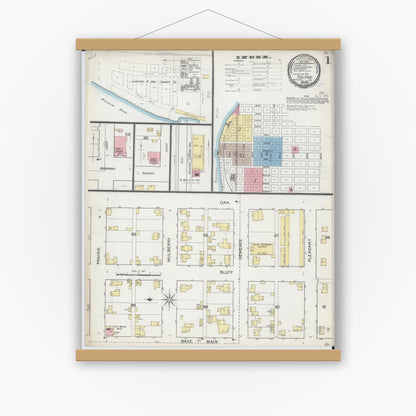 Old map wall art mockup — magnetic wood frame on white wall — Sanborn Fire Insurance Map from Fulton, Whiteside County, Illinois (1892), Sheet #0001