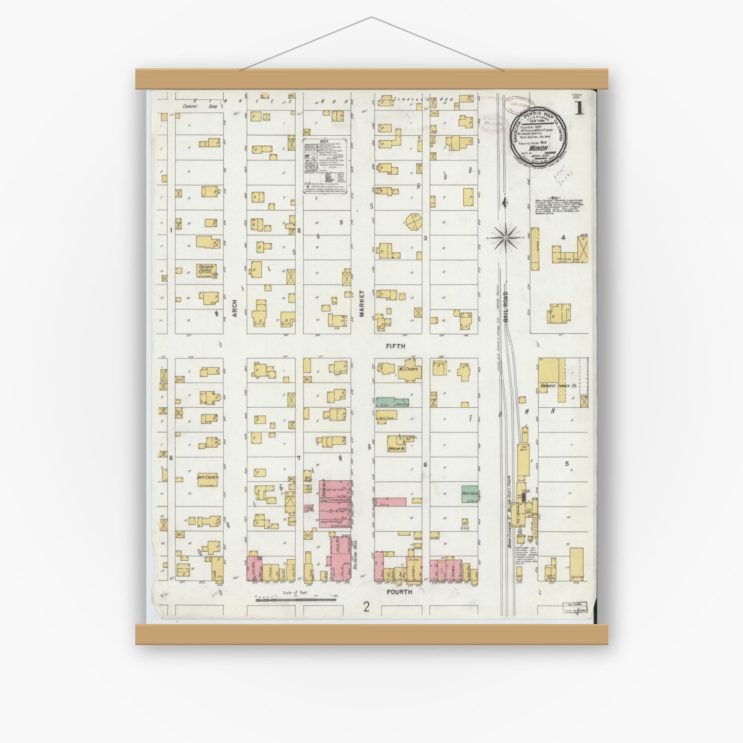 Old map wall art mockup — magnetic wood frame on white wall — Sanborn Fire Insurance Map from Monon, White County, Indiana (1899), Sheet #0001