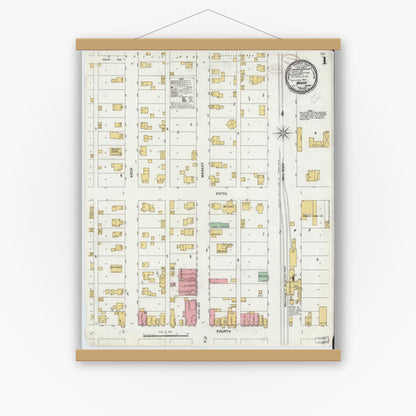 Old map wall art mockup — magnetic wood frame on white wall — Sanborn Fire Insurance Map from Monon, White County, Indiana (1899), Sheet #0001