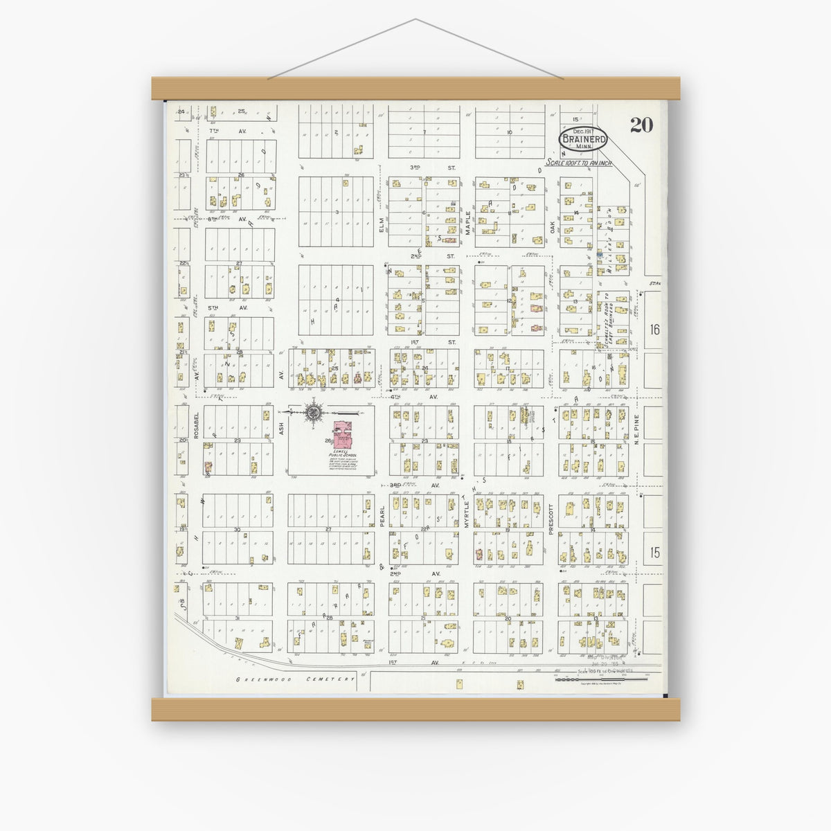 Old map wall art mockup — magnetic wood frame on white wall — Sanborn Fire Insurance Map from Brainerd, Crow Wing County, Minnesota (1917), Sheet #0020