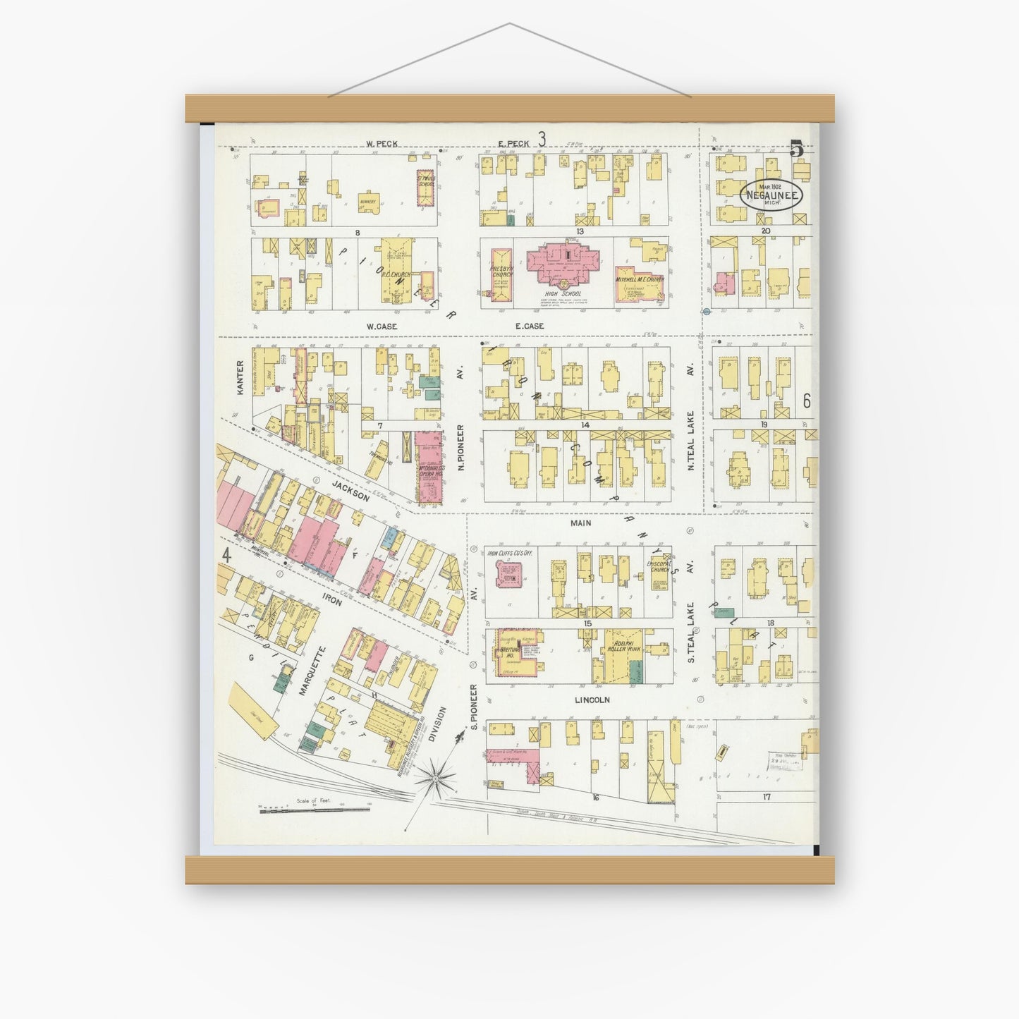 Old map wall art mockup — magnetic wood frame on white wall — Sanborn Fire Insurance Map from Negaunee, Marquette County, Michigan (1902), Sheet #0005