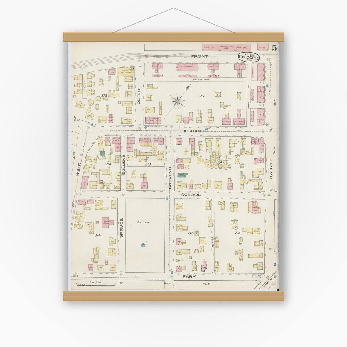Old map wall art mockup — magnetic wood frame on white wall — Sanborn Fire Insurance Map from Chicopee, Hampden County, Massachusetts (1885), Sheet #0005