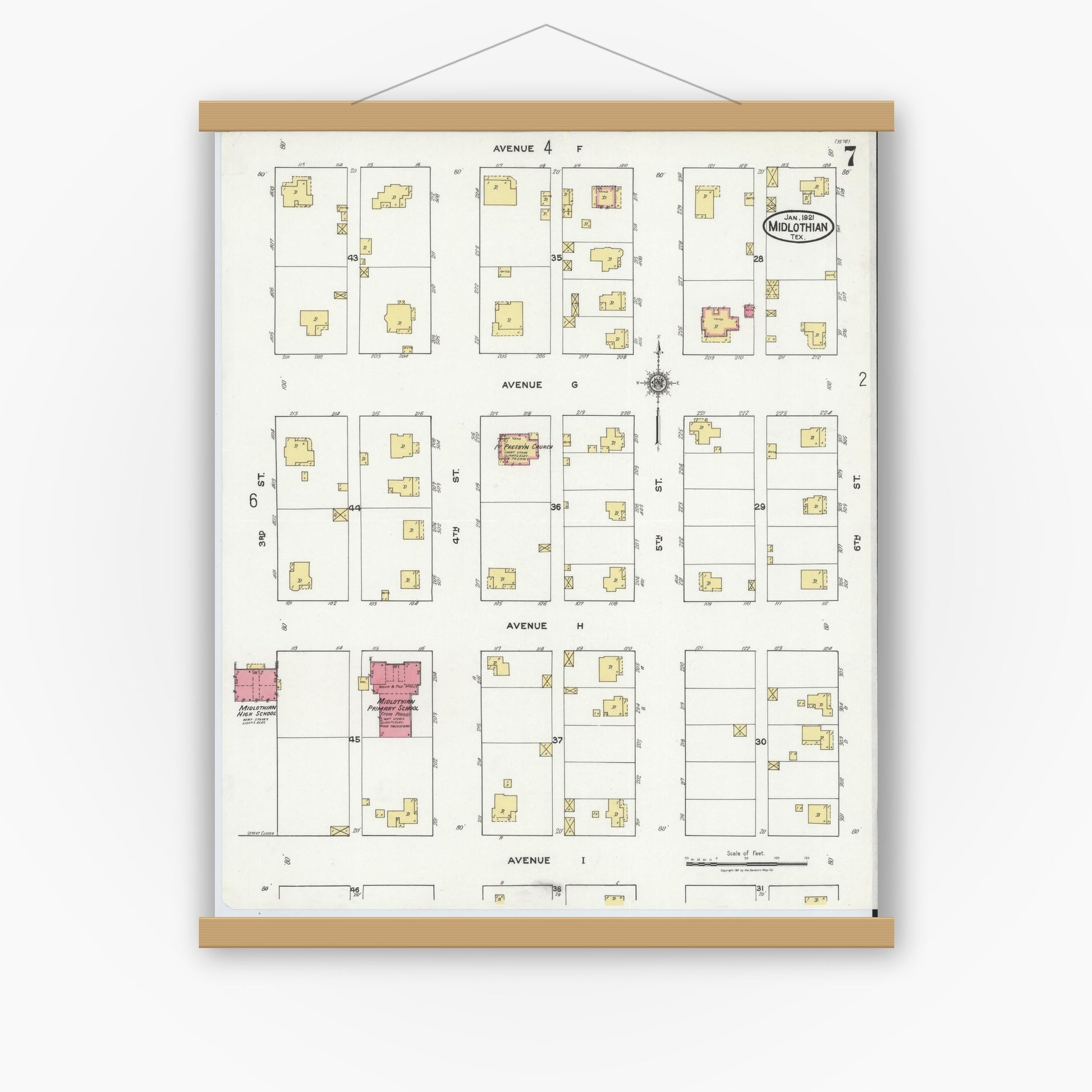 Old map wall art mockup — magnetic wood frame on white wall — Sanborn Fire Insurance Map from Midlothian, Ellis County, Texas (1921), Sheet #0007