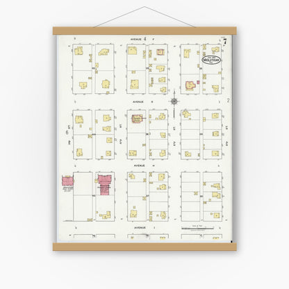 Old map wall art mockup — magnetic wood frame on white wall — Sanborn Fire Insurance Map from Midlothian, Ellis County, Texas (1921), Sheet #0007