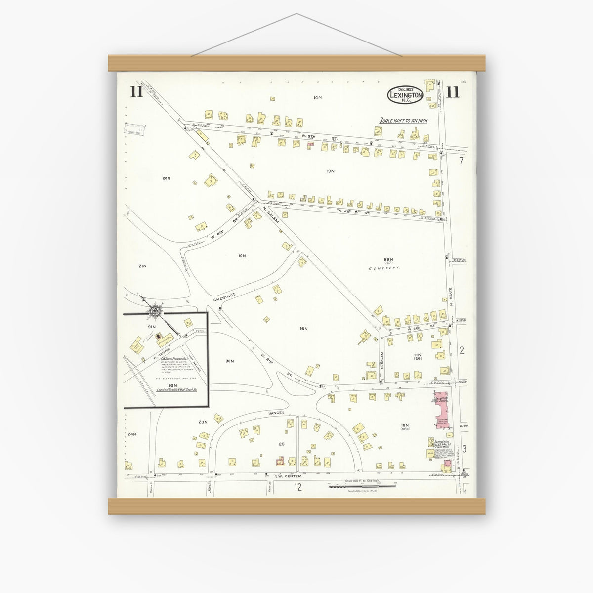 Old map wall art mockup — magnetic wood frame on white wall — Sanborn Fire Insurance Map from Lexington, Davidson County, North Carolina (1923), Sheet #0011